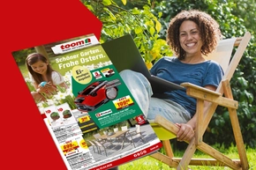 Ein Werbeprospekt für Gartenartikel ist vor einer Person im Garten eingeblendet.